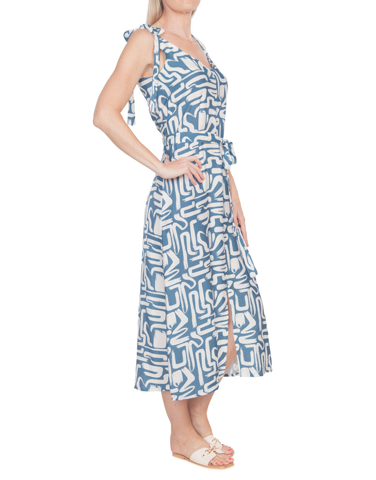 V Neck Tie Dress - Blue