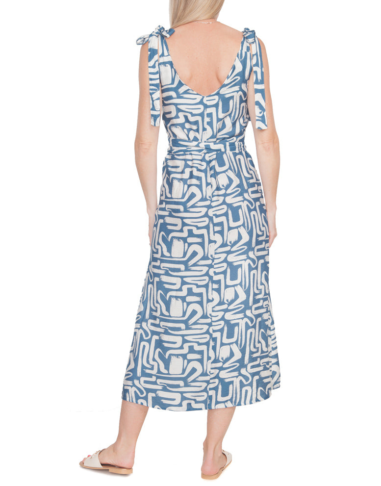 V Neck Tie Dress - Blue