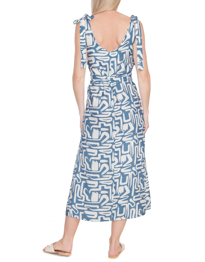 V Neck Tie Dress - Blue