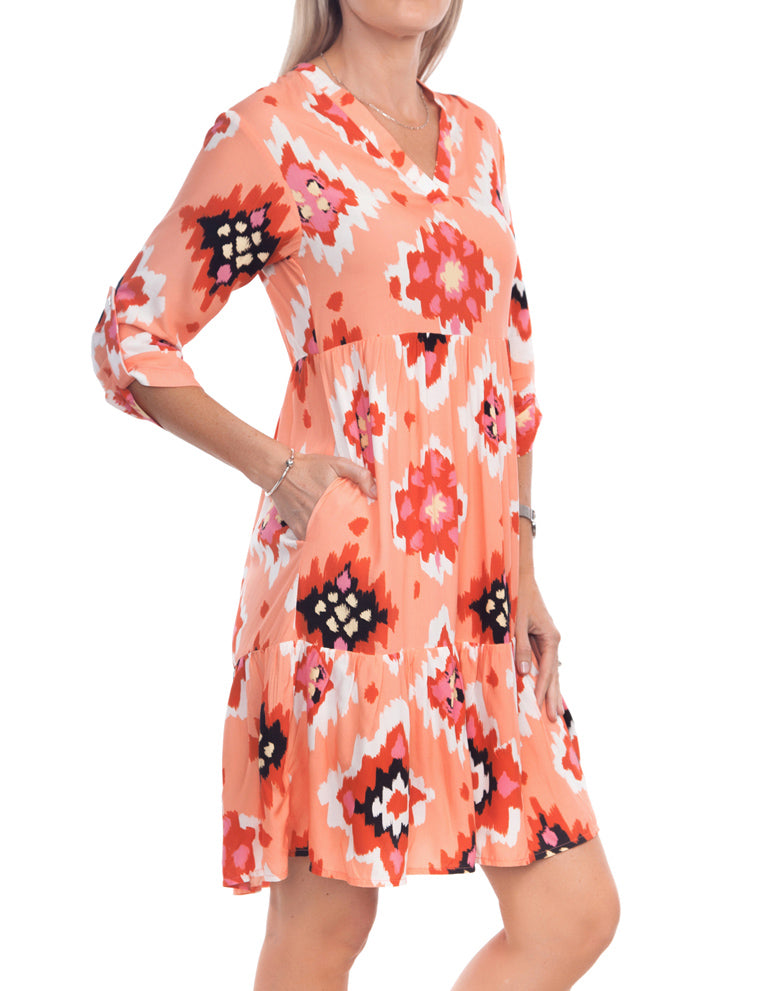 V Neck Tiered Dress - Peach