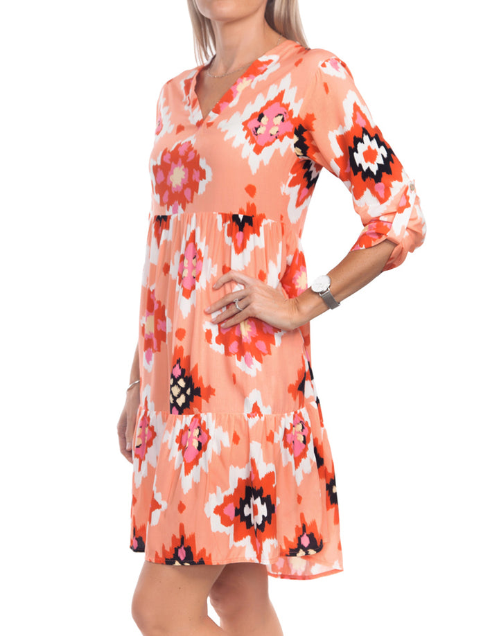 V Neck Tiered Dress - Peach