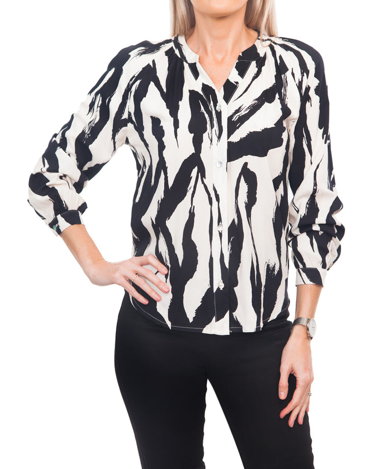 Button Down Blouse - Black & Cream