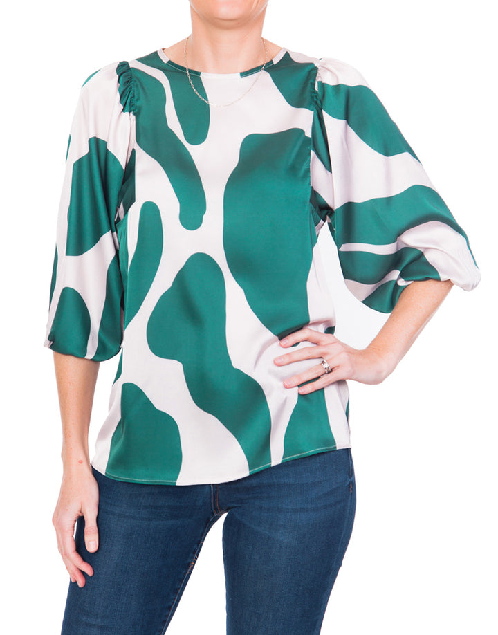Gathered Boho Blouse - Green Print