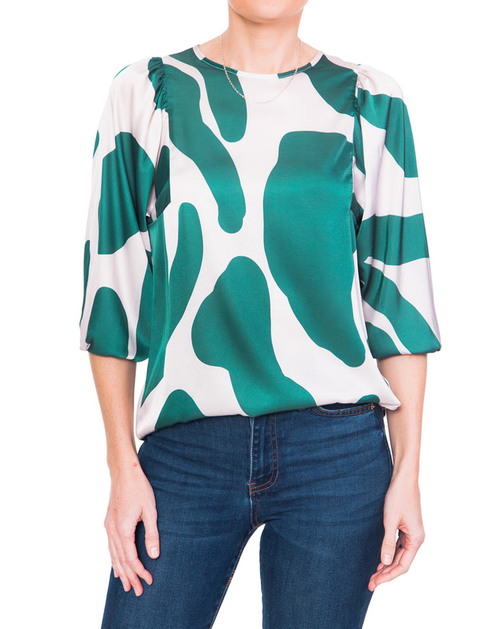 Gathered Boho Blouse - Green Print