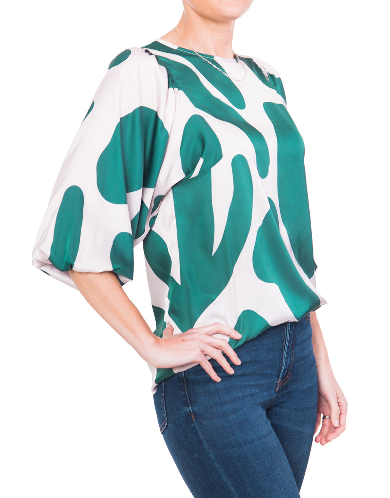 Gathered Boho Blouse - Green Print