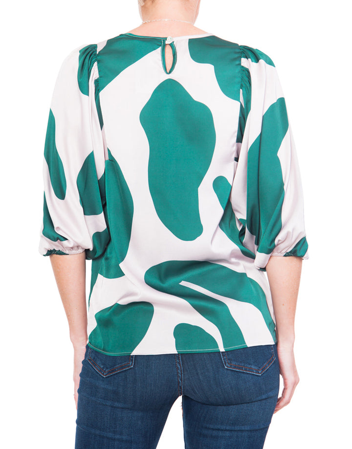 Gathered Boho Blouse - Green Print