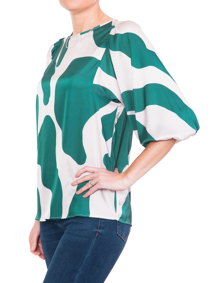 Gathered Boho Blouse - Green Print